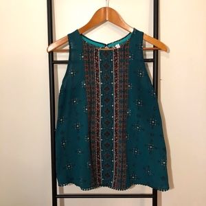 Teal Sleeveless Patterned Blouse